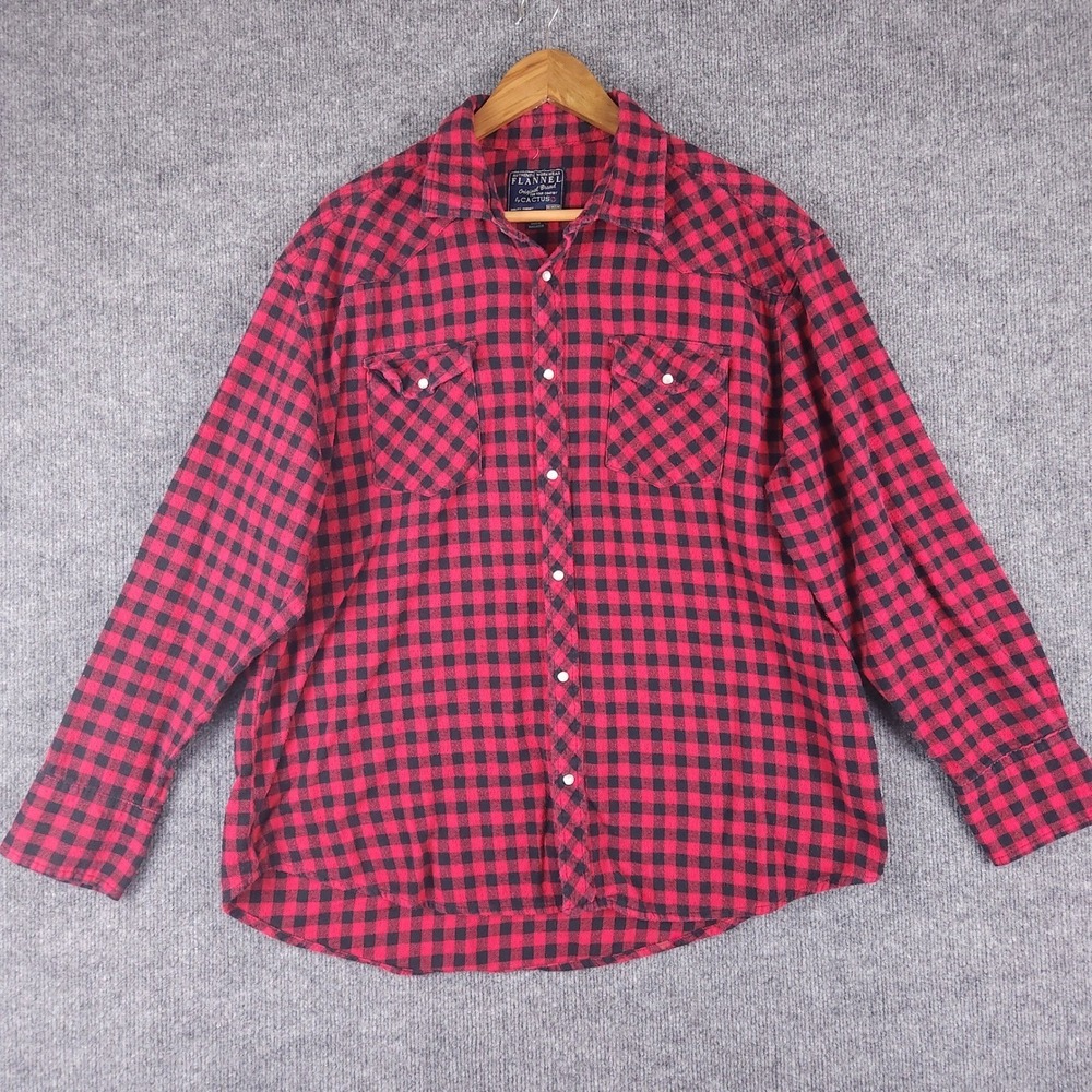 Cactus Flannel Western Shirt Mens XL Red Black Buffalo Plaid Pearl‎ Snap Button
